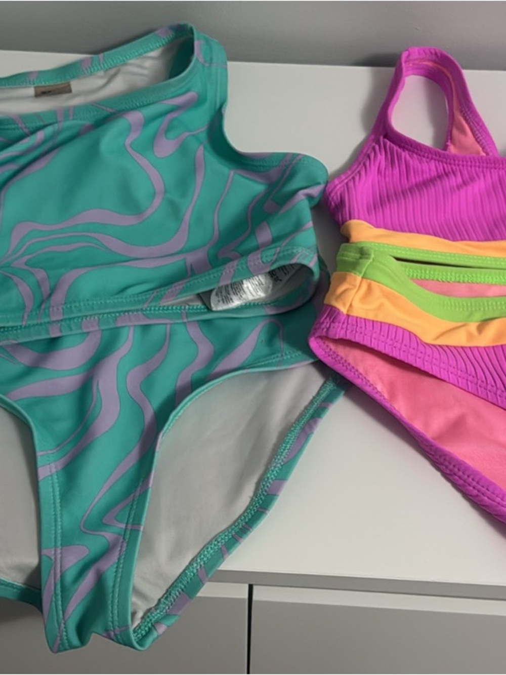 Girls Two-Piece Swim Set lot in Turquoise, Purple & Neon Pink